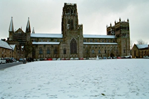 <b class=qtipBold><figcaption>Durham Cathedral IoE 110420</figcaption></b><br>Cathedral Church of Christ and St Mary the Virgin, Palace Green, Durham. The Cathedral and Palace Green after snow in February 2001. Note the snowman! Photographed for Images of England by Bob Cottrell. IoE film number 03609_06. NHLE 1161023.<br><em>© Mr Bob Cottrell</em> Durham Cathedral IoE 110420