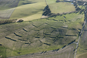 <b class=qtipBold><figcaption>Field system 27617_005</figcaption></b><br>Burderop Down, Swindon. Earthwork remains of a sheep fold are superimposed over an earlier field system. Photographed in February 2013. SU1676/64.<br><em>© Historic England</em> Field system 27617_005