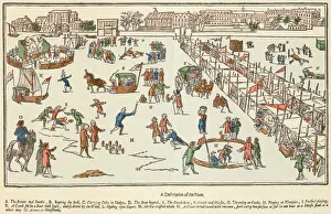 <b class=qtipBold><figcaption>Frost fair on the Thames N110256</figcaption></b><br>RIVER THAMES, London. "A true description of the blanket fair upon the River Thames in the time of the Great Frost in the year of our Lord 1683." Process coloured engraving from contemporary woodcut, with key. From the Mayson Beeton Collection.<br><em>© Historic England</em> Frost fair on the Thames N110256