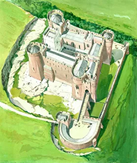 <b class=qtipBold><figcaption>Goodrich Castle J050065</figcaption></b><br>GOODRICH CASTLE, Herefordshire. Aerial view reconstruction drawing by Terry Ball (English Heritage Graphics Team). Late 13th century.<br><em>© Historic England</em> Goodrich Castle J050065