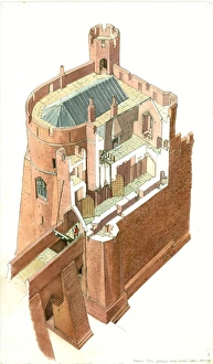 <b class=qtipBold><figcaption>Goodrich Castle J050066</figcaption></b><br>GOODRICH CASTLE, Herefordshire. Aerial view cutaway reconstruction drawing of the Gatehouse by Terry Ball (English Heritage Graphics Team). 15th century.<br><em>© Historic England</em> Goodrich Castle J050066
