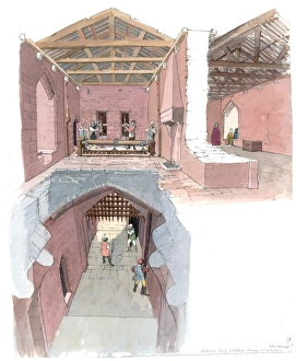<b class=qtipBold><figcaption>Goodrich Castle N940008</figcaption></b><br>GOODRICH CASTLE, Herefordshire. Cutaway reconstruction by Terry Ball (English Heritage Graphics Team) of the gatehouse, facing east showing the winches in the upper chamber designed to raise the portcullises.<br><em>© Historic England</em> Goodrich Castle N940008