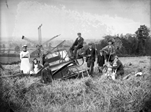 <b class=qtipBold><figcaption>Harvest AA97_05926</figcaption></b><br>Harvesting with a mechanical harvester near Hellidon, Northamptonshire. Alfred Newton and Son July 1902<br><em>© Historic England</em> Harvest AA97_05926