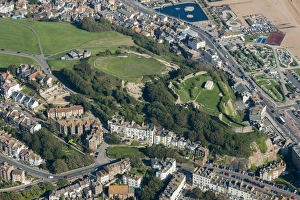 <b class=qtipBold><figcaption>Hastings Castle 29494_018</figcaption></b><br>Hastings, East Sussex. This view shows the plan of this keep and bailey castle on the cliffs above the town. In 1287, following violent storms, some of the castle was lost when cliffs collapsed into the sea. Photographed in September 2015.<br><em>© Historic England Archive</em> Hastings Castle 29494_018
