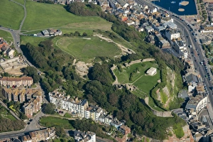 <b class=qtipBold><figcaption>Hastings Castle 29494_020</figcaption></b><br>Hastings, East Sussex. This view shows the plan of this keep and bailey castle on the cliffs above the town. In 1287, following violent storms, some of the castle was lost when cliffs collapsed into the sea. Photographed in September 2015.<br><em>© Historic England Archive</em> Hastings Castle 29494_020