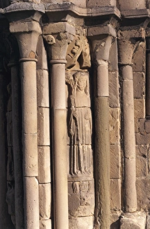 <b class=qtipBold><figcaption>Haughmond Abbey K990979</figcaption></b><br>HAUGHMOND ABBEY, Shropshire. Detail of the statue of St Winifred on the chapter house entrance.<br><em>© Historic England</em> Haughmond Abbey K990979