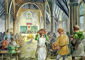 <b class=qtipBold><figcaption>Helmsley Castle J040008</figcaption></b><br>HELMSLEY CASTLE, North Yorkshire. Reconstruction drawing by Philip Corke of the interior of the 14th century hall during banquet feast.<br><em>© Historic England</em> Helmsley Castle J040008