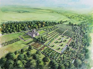 <b class=qtipBold><figcaption>Hylton Castle N060303</figcaption></b><br>HYLTON CASTLE, Sunderland, Tyne and Wear. Aerial reconstruction drawing of castle and grounds during the early 18th century by Peter Dunn (English Heritage Graphics Team).<br><em>© Historic England</em> Hylton Castle N060303