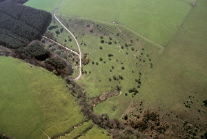<b class=qtipBold><figcaption>Iron Age ironworks, Exmoor 18335_12</figcaption></b><br>Iron Age/Roman iron smelting site, Sherracombe Ford, Devon. This iron processing site is late Iron Age or Roman, making it the earliest known iron works on Exmoor. It consists of several platforms terraced onto the hillside above two large slagheaps. These features are made most visible through the use of aerial photography.<br><em>© Historic England Archive</em> Iron Age ironworks, Exmoor 18335_12