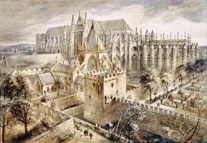 <b class=qtipBold><figcaption>Jewel Tower, London J920690</figcaption></b><br>JEWEL TOWER, Westminster, London. Middle Ages reconstruction drawing by Alan Sorrell. Jewel Tower in the foreground and Westminster Abbey in the distance. The Jewel Tower, or 'King's Privy Wardrobe', was built c.1365 to house Edward III's treasures. It is one of only two buildings of the original Palace of Westminster to survive the fire of 1834.<br><em>© Historic England</em> Jewel Tower, London J920690