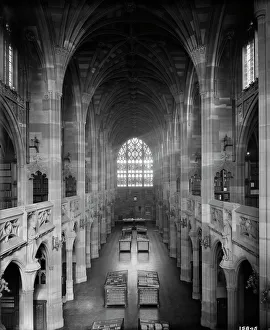 <b class=qtipBold><figcaption>John Rylands Library BL15845</figcaption></b><br>JOHN RYLANDS LIBRARY, Deansgate, Manchester. Interior, looking east from the gallery. The library was completed in 1899 to the designs of architect Basil Champneys, and was commissioned by Enriqueta Augustina Rylands in memory of her late husband. The library is a fine example of Victorian Gothic Revival architecture. It later became part of the University of Manchester. Photographed by Bedford Lemere and Co. in 1900.<br><em>© Historic England</em> John Rylands Library BL15845