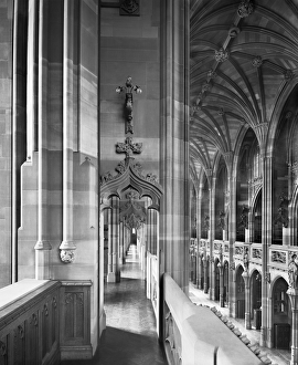 <b class=qtipBold><figcaption>John Rylands Library DD59_00090</figcaption></b><br>JOHN RYLANDS LIBRARY, Manchester. Interior view along one of the gallery corridors at clerestorey level. Photographed by Bedford Lemere in 1900.<br><em>© Historic England</em> John Rylands Library DD59_00090