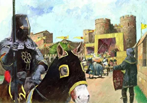 <b class=qtipBold><figcaption>Kenilworth Castle M863028</figcaption></b><br>KENILWORTH CASTLE, Warwickshire. Reconstruction drawing by Ivan Lapper of a knight on horseback at a jousting tournament with the castle in the distance.<br><em>© Historic England</em> Kenilworth Castle M863028