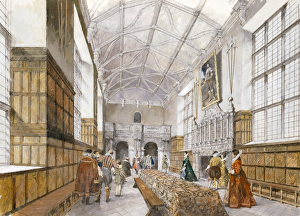 <b class=qtipBold><figcaption>Kirby Hall J880055</figcaption></b><br>KIRBY HALL, Northamptonshire. Interior view of the hall as it might have appeared in the early 17th century. Reconstruction drawing by Ivan Lapper.<br><em>© Historic England</em> Kirby Hall J880055
