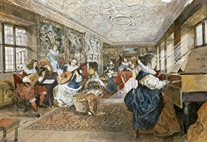 <b class=qtipBold><figcaption>Kirby Hall J880056</figcaption></b><br>KIRBY HALL, Northamptonshire. Interior view. The Great Chamber as it might have appeared in the early 17th century. Reconstruction drawing by Ivan Lapper.<br><em>© Historic England</em> Kirby Hall J880056