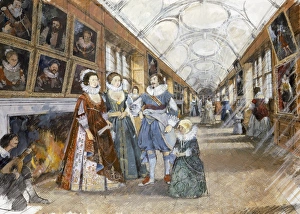 <b class=qtipBold><figcaption>Kirby Hall J880057</figcaption></b><br>KIRBY HALL, Northamptonshire. Interior view. The Long Gallery as it might have appeared in the early 17th Century. Reconstruction drawing by Ivan Lapper.<br><em>© Historic England</em> Kirby Hall J880057