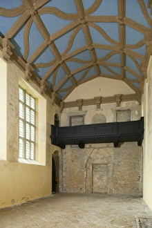 <b class=qtipBold><figcaption>Kirby Hall N120028</figcaption></b><br>KIRBY HALL, Northamptonshire. Interior view of the Great Hall from South West towards the gallery.<br><em>© Historic England</em> Kirby Hall N120028