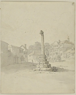 <b class=qtipBold><figcaption>Lacock Village Cross CGH01_02_01_014</figcaption></b><br>Village Cross, High Street, Lacock, Wiltshire. A view from the north-west, with the Red Lion Inn in the background. Watercolour painting possibly by William Alexander (d.1815). Artwork collected by C G Harper.<br><em>© Historic England Archive</em> Lacock Village Cross CGH01_02_01_014