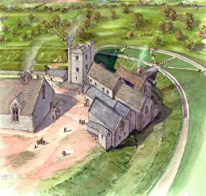 <b class=qtipBold><figcaption>Ludgershall Castle J990007</figcaption></b><br>LUDGERSHALL CASTLE AND CROSS, Wiltshire. Aerial view reconstruction drawing of the castle during period 7B, the late 14th century, by Peter Dunn (English Heritage Graphics Team).<br><em>© Historic England</em> Ludgershall Castle J990007