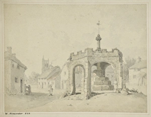 <b class=qtipBold><figcaption>Market Cross Cheddar CGH01_02_01_017</figcaption></b><br>Market Cross, Cheddar, Somerset. View from the north with St Andrew's Church in the background. Watercolour painting signed by William Alexander (d.1815). Artwork collected by C G Harper.<br><em>© Historic England Archive</em> Market Cross Cheddar CGH01_02_01_017