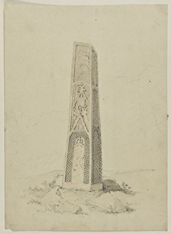 <b class=qtipBold><figcaption>Mercian Cross CGH01_02_01_004</figcaption></b><br>Mercian Cross, St Mary And St John's Church, Rothley, Leicestershire. Watercolour painting possibly by William Alexander (d.1815) showing the Mercian cross shaft in the churchyard. Artwork collected by C G Harper.<br><em>© Historic England Archive</em> Mercian Cross CGH01_02_01_004