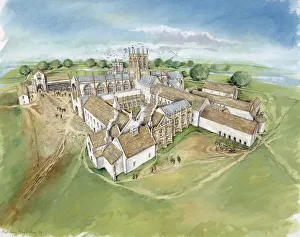<b class=qtipBold><figcaption>Muchelney Abbey J040055</figcaption></b><br>MUCHELNEY ABBEY, Somerset. Aerial view reconstruction drawing by Peter Dunn of the abbey in the 16th century from the South West.<br><em>© Historic England</em> Muchelney Abbey J040055