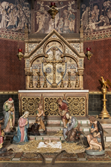 <b class=qtipBold><figcaption>Nativity DP166605</figcaption></b><br>St Peter's Church, Kennington Lane, Vauxhall, London. Detail of altar to sanctuary with a Nativity scene.<br><em>© Historic England Archive</em> Nativity DP166605