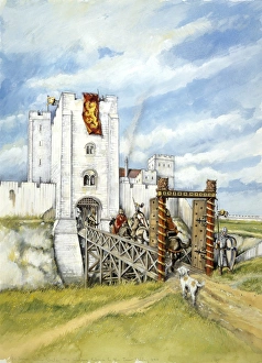<b class=qtipBold><figcaption>Old Sarum J030104</figcaption></b><br>OLD SARUM, Wiltshire. Reconstruction drawing of the castle gatehouse entrance to the inner bailey in 1140, by Peter Dunn (English Heritage Graphics Team).<br><em>© Historic England</em> Old Sarum J030104
