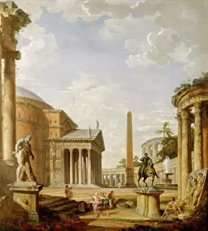 Architectural compositions Collection: Panini - Capriccio of Roman ruins with the Pantheon J880469