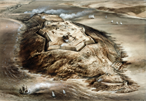 <b class=qtipBold><figcaption>Pendennis Castle J880138</figcaption></b><br>PENDENNIS CASTLE, Falmouth, Cornwall. Aerial view reconstruction drawing by Alan Sorrell.<br><em>© Historic England</em> Pendennis Castle J880138