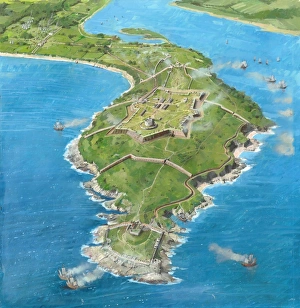 <b class=qtipBold><figcaption>Pendennis Castle N090099</figcaption></b><br>PENDENNIS CASTLE, Cornwall. Aerial reconstruction drawing by Ivan Lapper of Pendennis as it may have looked during the siege of 1646.<br><em>© Historic England</em> Pendennis Castle N090099