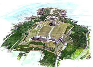 <b class=qtipBold><figcaption>Pendennis Castle N900018</figcaption></b><br>PENDENNIS CASTLE, Falmouth, Cornwall. Aerial reconstruction painting by Ivan Lapper of the Tudor, Elizabethan and later fortress as it appears today.<br><em>© Historic England</em> Pendennis Castle N900018