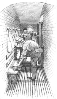 <b class=qtipBold><figcaption>Pendennis Castle N900019</figcaption></b><br>PENDENNIS CASTLE, Cornwall. c.1894. Reconstruction drawing of Half Moon Battery. The Shifting Lobby (changing room) by Ivan LAPPER.<br><em>© Historic England</em> Pendennis Castle N900019