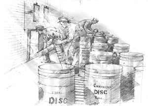 <b class=qtipBold><figcaption>Pendennis Castle N900020</figcaption></b><br>PENDENNIS CASTLE, Cornwall. c.1894. Reconstruction drawing of Half Moon Battery. Men working in the cartridge store by Ivan LAPPER.<br><em>© Historic England</em> Pendennis Castle N900020