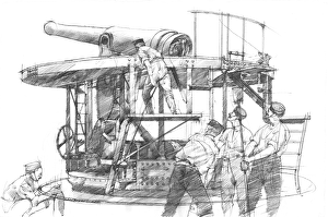 <b class=qtipBold><figcaption>Pendennis Castle N900021</figcaption></b><br>PENDENNIS CASTLE, Cornwall. c.1894. Reconstruction drawing of operating gun by Ivan LAPPER.<br><em>© Historic England</em> Pendennis Castle N900021