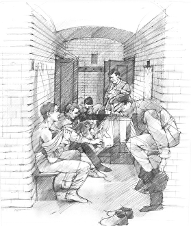 <b class=qtipBold><figcaption>Pendennis Castle N900023</figcaption></b><br>PENDENNIS CASTLE, Cornwall. c.1911. Reconstruction of Half Moon Battery. Entrance to the new cartridge store. Men changing. Reconstruction drawing by Ivan LAPPER.<br><em>© Historic England</em> Pendennis Castle N900023
