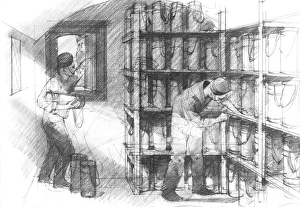 <b class=qtipBold><figcaption>Pendennis Castle N900024</figcaption></b><br>PENDENNIS CASTLE, Cornwall. c.1911. Reconstruction of Half Moon Battery. Cartridge store passing shells out. Reconstruction drawing by Ivan LAPPER.<br><em>© Historic England</em> Pendennis Castle N900024