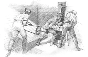 <b class=qtipBold><figcaption>Pendennis Castle N900025</figcaption></b><br>PENDENNIS CASTLE, Cornwall. c.1911. Reconstruction of Half Moon Battery. Shell store below No. 2 gun. Reconstruction drawing by Ivan LAPPER.<br><em>© Historic England</em> Pendennis Castle N900025