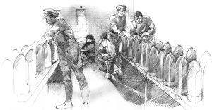 <b class=qtipBold><figcaption>Pendennis Castle N900026</figcaption></b><br>PENDENNIS CASTLE, Cornwall. c.1911. Reconstruction drawing by Ivan LAPPER of Half Moon Battery. Transfer of shells to No. 2 gun.<br><em>© Historic England</em> Pendennis Castle N900026