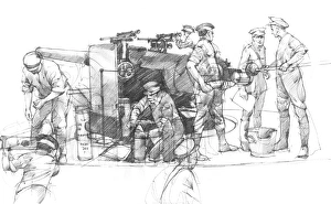 <b class=qtipBold><figcaption>Pendennis Castle N900027</figcaption></b><br>PENDENNIS CASTLE, Cornwall. c.1911. Reconstruction of Half Moon Battery. Loading a 6-inch breech gun. Reconstruction drawing by Ivan LAPPER.<br><em>© Historic England</em> Pendennis Castle N900027