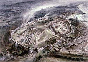 <b class=qtipBold><figcaption>Pevensey Castle J940489</figcaption></b><br>PEVENSEY CASTLE, East Sussex. Aerial reconstruction drawing c.1066 by Alan Sorrell.<br><em>© Historic England</em> Pevensey Castle J940489