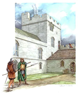 <b class=qtipBold><figcaption>Portchester Castle J910018</figcaption></b><br>PORTCHESTER CASTLE, Hampshire. Reconstruction drawing of Astons Tower in the mid 14th century by Peter Dunn (English Heritage Graphics Team).<br><em>© Historic England</em> Portchester Castle J910018