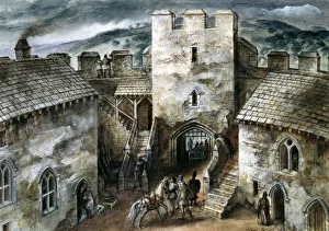 <b class=qtipBold><figcaption>Restormel Castle J940473</figcaption></b><br>RESTORMEL CASTLE, Cornwall. Reconstruction drawing by Alan Sorrell showing the courtyard, gatehouse and steps up to the wall walk, as they may have appeared c.1300.<br><em>© Historic England</em> Restormel Castle J940473
