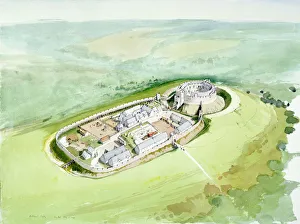 <b class=qtipBold><figcaption>Restormel Castle J950171</figcaption></b><br>RESTORMEL CASTLE, Cornwall. "Bird's eye view of motte and bailey castle ". Reconstruction drawing of the castle in the 14th century by Terry Ball (English Heritage Graphics Team).<br><em>© Historic England</em> Restormel Castle J950171