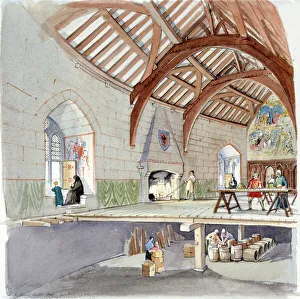 <b class=qtipBold><figcaption>Restormel Castle J950172</figcaption></b><br>RESTORMEL CASTLE, Cornwall. A reconstruction drawing by Terry Ball (English Heritage Graphics Team) of the Hall interior showing the storage underneath and the impressive timber roof during the 14th century.<br><em>© Historic England</em> Restormel Castle J950172