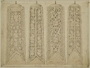 <b class=qtipBold><figcaption>Sandbach Cross CGH01_02_01_020</figcaption></b><br>Sandbach Crosses, Market Square, Sandbach, Cheshire. the carvings on each side of one of the Sandbach Crosses prior to the 1816 restoration. Watercolour painting dated 1806. Artwork collected by C G Harper.<br><em>© Historic England Archive</em> Sandbach Cross CGH01_02_01_020