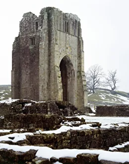 <b class=qtipBold><figcaption>Shap Abbey K060281</figcaption></b><br>SHAP ABBEY, Cumbria. View of the west tower in the snow.<br><em>© Historic England</em> Shap Abbey K060281
