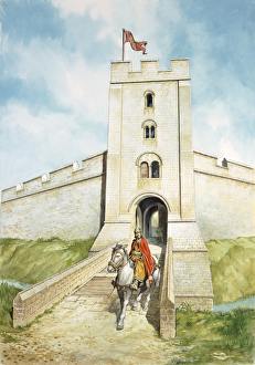 <b class=qtipBold><figcaption>Sherborne Old Castle J960263</figcaption></b><br>SHERBORNE OLD CASTLE, Dorset. "South West Gateway". Reconstruction drawing by Philip Corke.<br><em>© Historic England</em> Sherborne Old Castle J960263