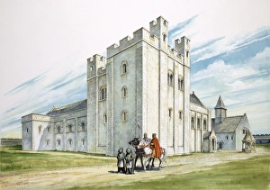 <b class=qtipBold><figcaption>Sherborne Old Castle J960265</figcaption></b><br>SHERBORNE OLD CASTLE, Dorset. 'The Central Buildings'. Reconstruction drawing, by Philip Corke, depicting the outer courtyard at Sherborne Old Castle as it may have appeared in the twelfth century shortly after the castle's completion. The Great Tower is in the centre, with the Great Hall, kitchens and well to right.<br><em>© Historic England Archive</em> Sherborne Old Castle J960265