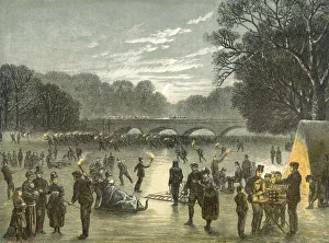<b class=qtipBold><figcaption>Skating in Hyde Park 64R_HYD_1850_S</figcaption></b><br>MAYSON BEETON COLLECTION. Hyde Park. Skating on the Serpentine, c.1850. Chiaroscuro woodcut in black and three colours.<br><em>© Historic England</em> Skating in Hyde Park 64R_HYD_1850_S